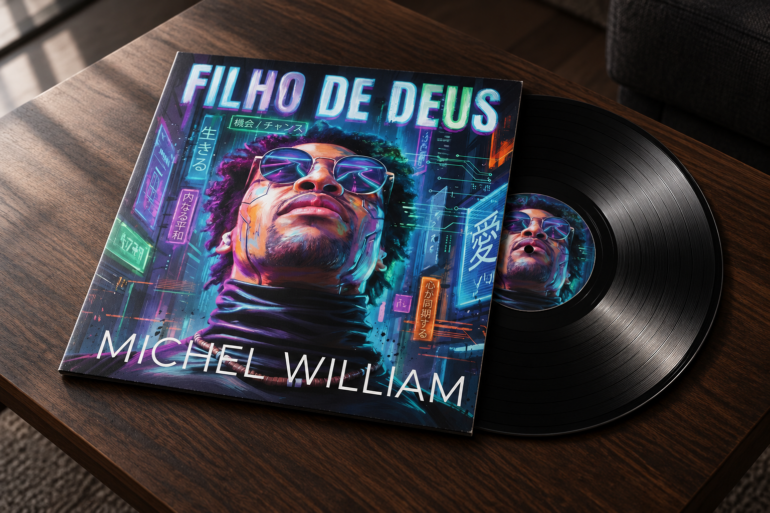 Concept artwork: Filho De Deus vinyl sleeve and record on a wooden desk